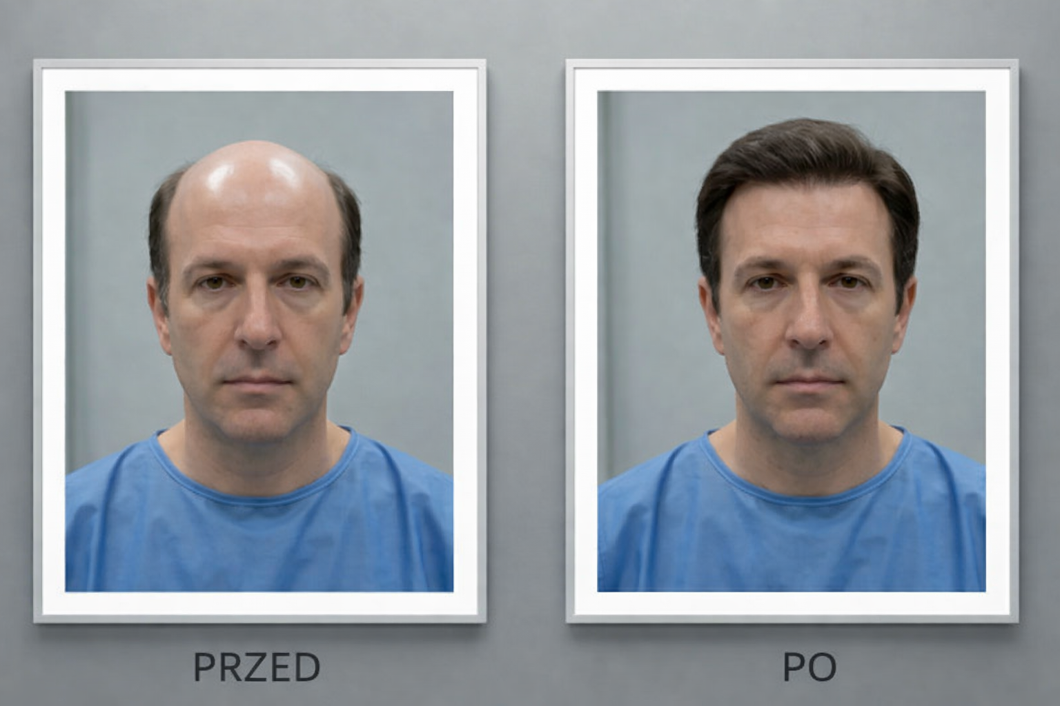 Efekt zabiegu odbudowy owłosienia – zdjęcie przed i po, porównanie pacjenta z zaawansowanym łysieniem i po odzyskaniu pełnych włosów