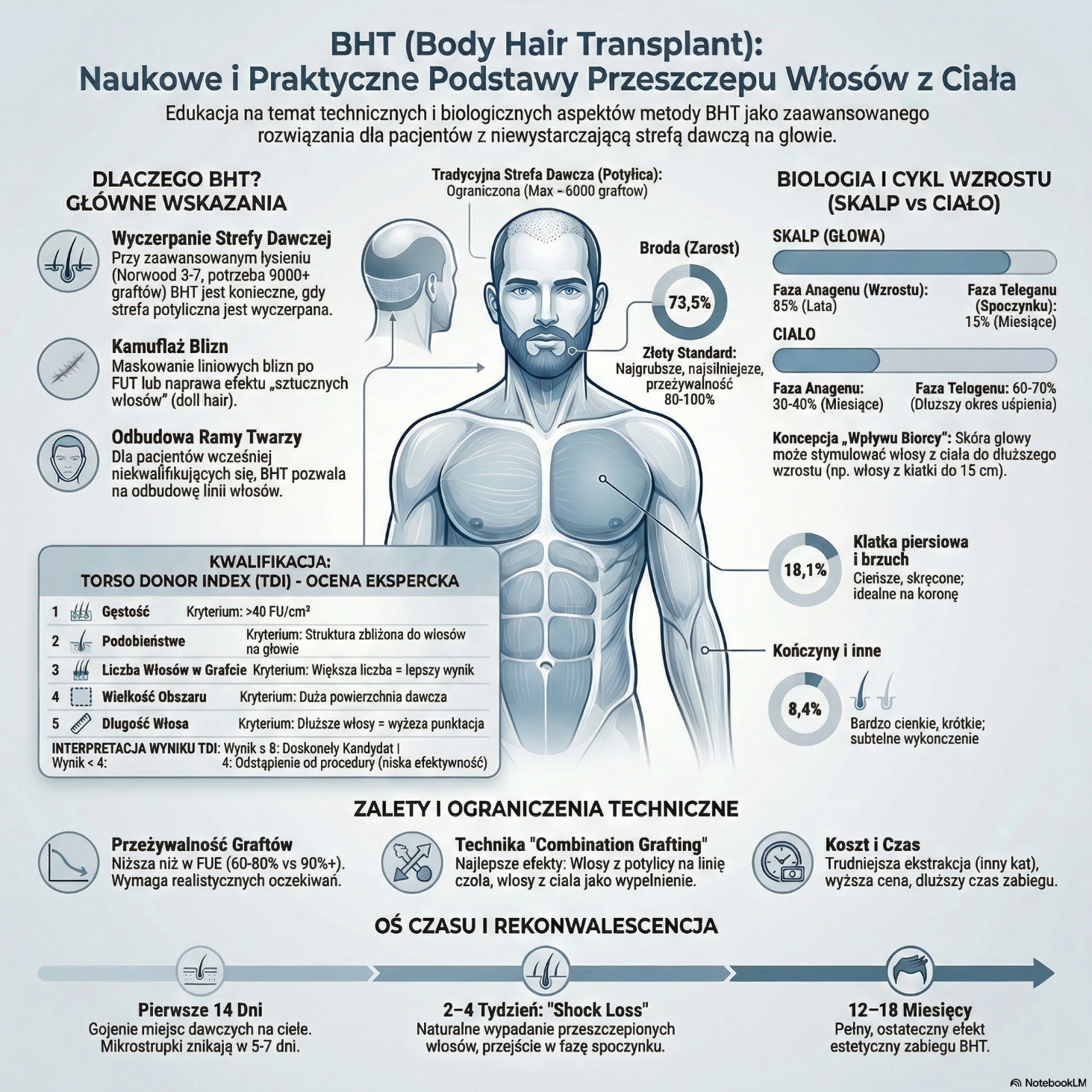 Infografika przedstawiająca przeszczep włosów z ciała (BHT) – obszary dawcze, wskaźnik TDI, cykl wzrostu włosów, zalety i ograniczenia oraz oś czasu rekonwalescencji