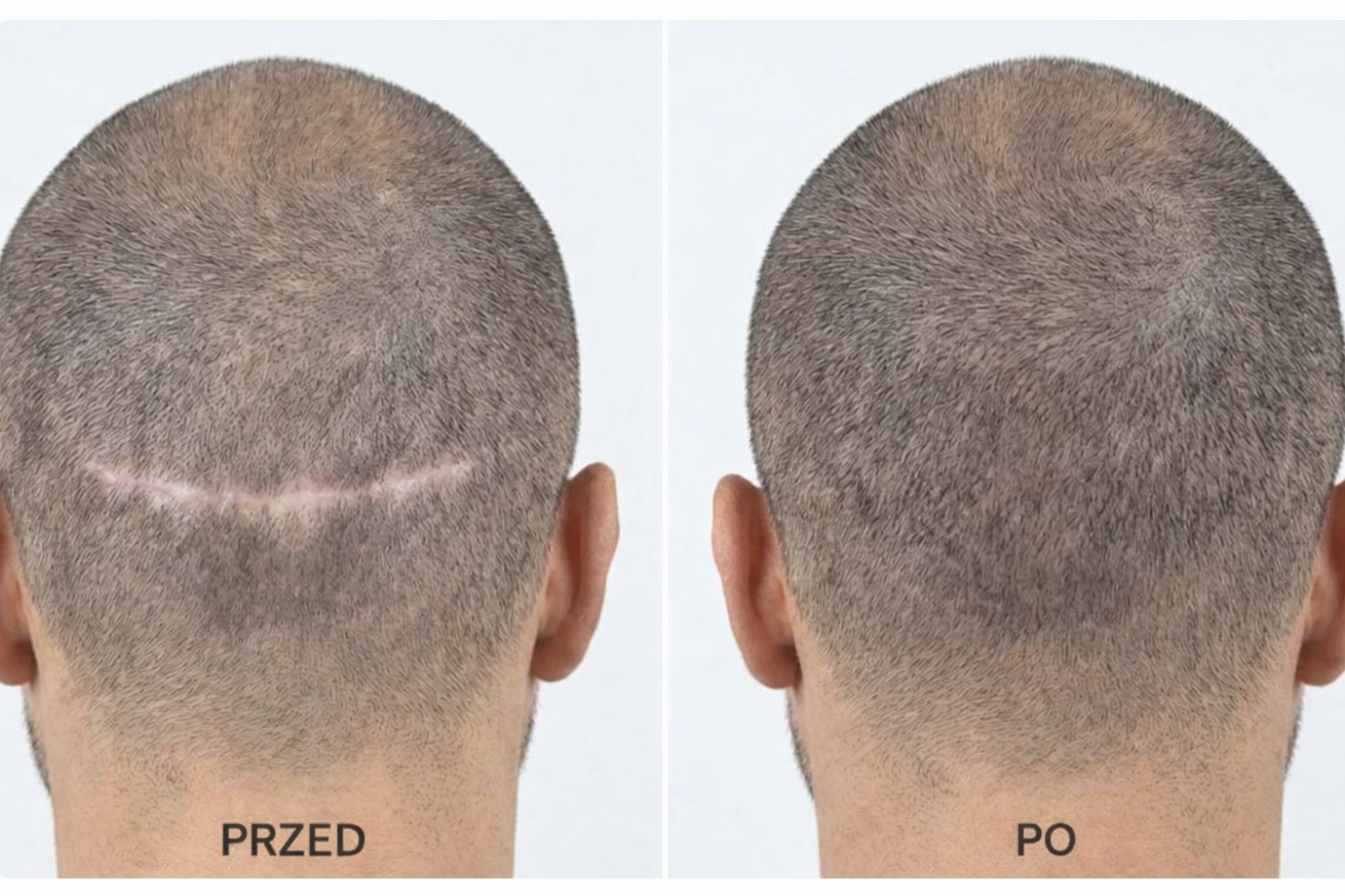 Przeszczep włosów z ciała na koronie głowy – efekt przed i po zabiegu BHT, widoczna poprawa gęstości owłosienia