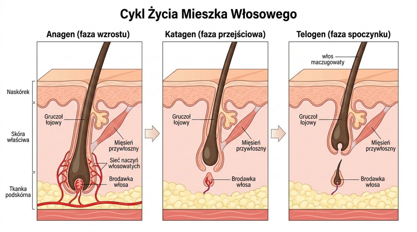 Cykl życia mieszka włosowego – fazy anagen (wzrostu), katagen (przejściowa) i telogen (spoczynku)