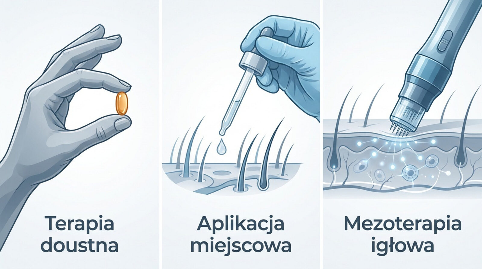 Formy terapii dutasterydem — terapia doustna (kapsułka), aplikacja miejscowa (kroplomierz) i mezoterapia igłowa skóry głowy
