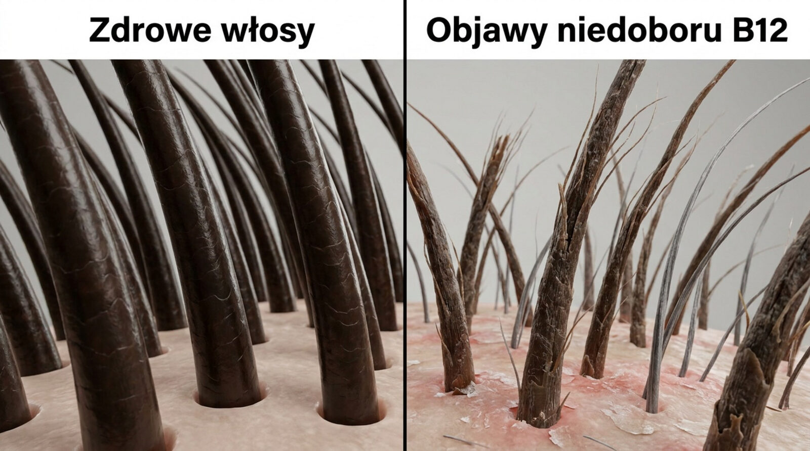 Zdrowe włosy o gładkiej łodydze w porównaniu z włosami przy niedoborze witaminy B12 — rozdwojone, matowe, łamliwe łodygi i złuszczająca się skóra głowy