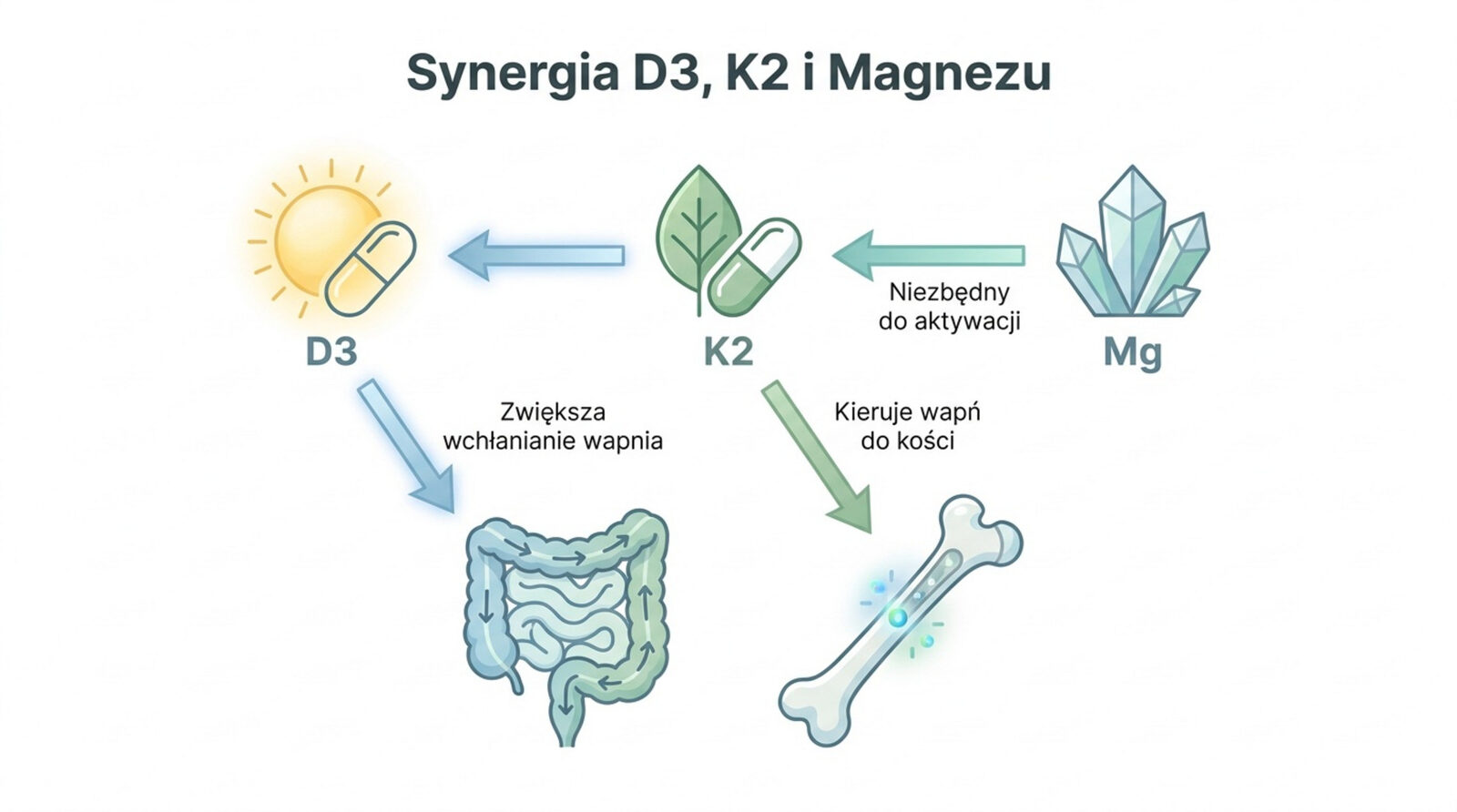 Synergia witaminy D3, K2 i magnezu — magnez aktywuje K2, D3 zwiększa wchłanianie wapnia, K2 kieruje wapń do kości