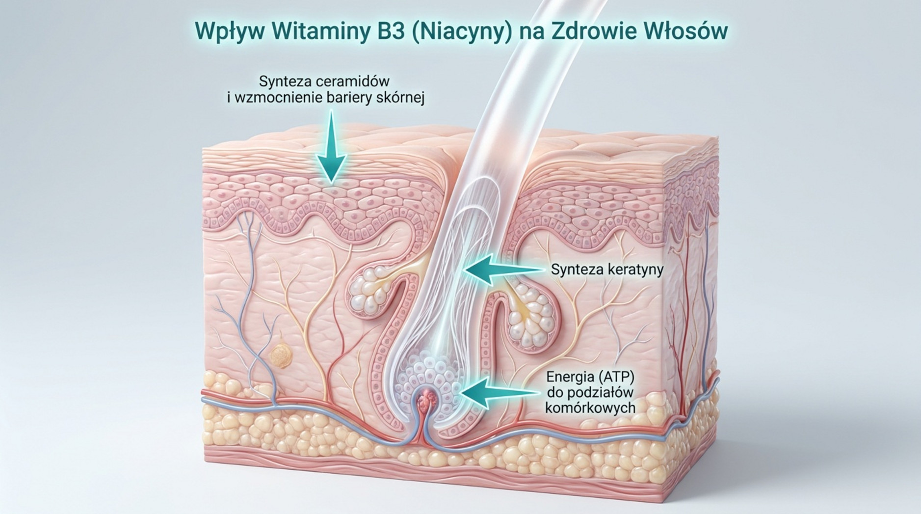 Wpływ witaminy B3 na mieszek włosowy – synteza keratyny, ceramidów i produkcja energii ATP w skórze głowy